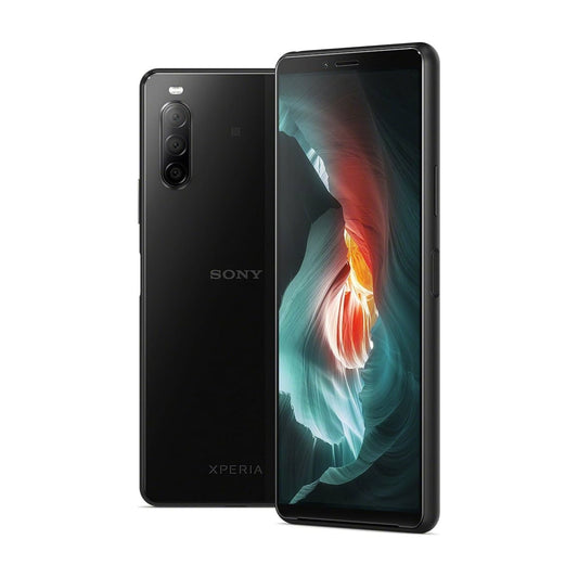 Sony Xperia 10 II smartphone shown from the front and back in a glossy black finish, with the front screen on and displaying a colorful abstract wallpaper, on a plain white background.