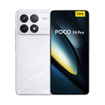 A silver POCO F6 Pro smartphone shown from both front and back. The back features a textured metallic finish and a large four-camera module.