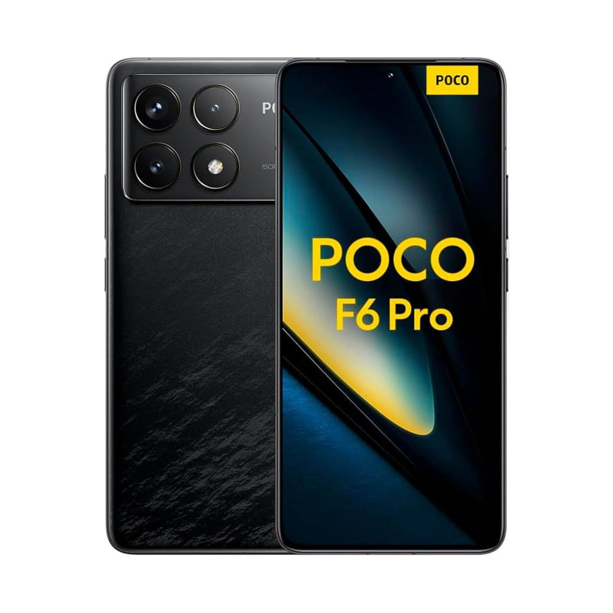 A black POCO F6 Pro smartphone shown from both the front and back. The front display is on with the 'POCO F6 Pro' text visible, and the back features a large rectangular camera array on a textured black finish.