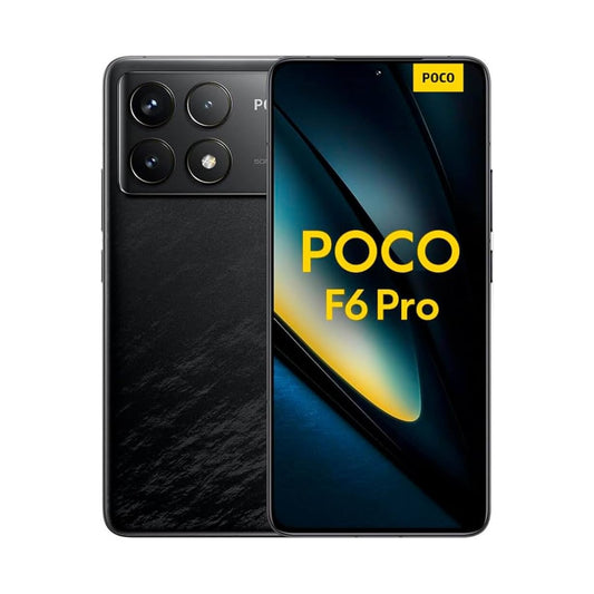 A black POCO F6 Pro smartphone shown from both the front and back. The front display is on with the 'POCO F6 Pro' text visible, and the back features a large rectangular camera array on a textured black finish.