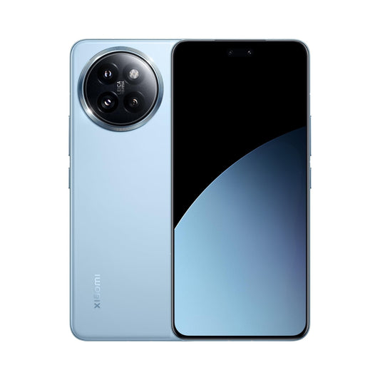 A light blue Xiaomi smartphone shown from both the back and front. The back features a large circular triple-camera cutout and the Xiaomi logo near the bottom.