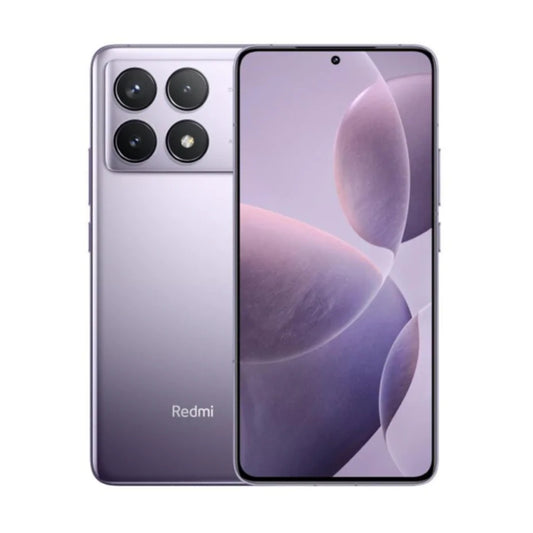 Redmi smartphone shown from the back and front, featuring a lavender-purple gradient finish with a triple-camera array on the back and a large front display.
