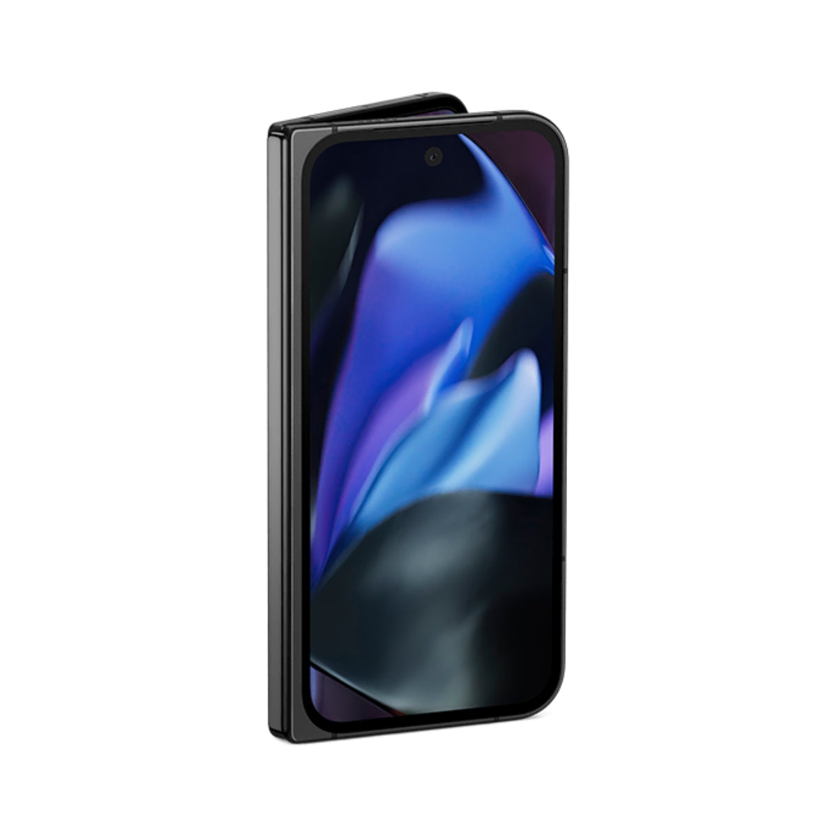 A black foldable smartphone Google Pixel 9 Pro Fold shown closed from the front, with a dark abstract wallpaper on its screen, isolated on a white background.