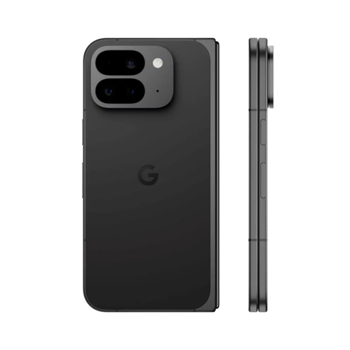 Black smartphone Google Pixel 9 Pro Fold showing back and side views on a white background