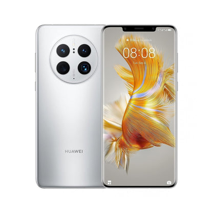 A silver Huawei Mate 50 Pro smartphone shown from both front and back, with the rear camera array visible on the back and the lit screen displaying a gold feather wallpaper on a white background.