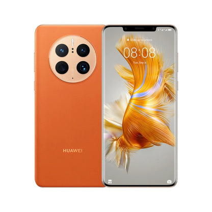 Orange Huawei Mate 50 Pro smartphone shown from the back and front on a clean white background. The back features a large circular triple-camera cutout with a metallic rose-gold finish and the HUAWEI logo near the bottom.