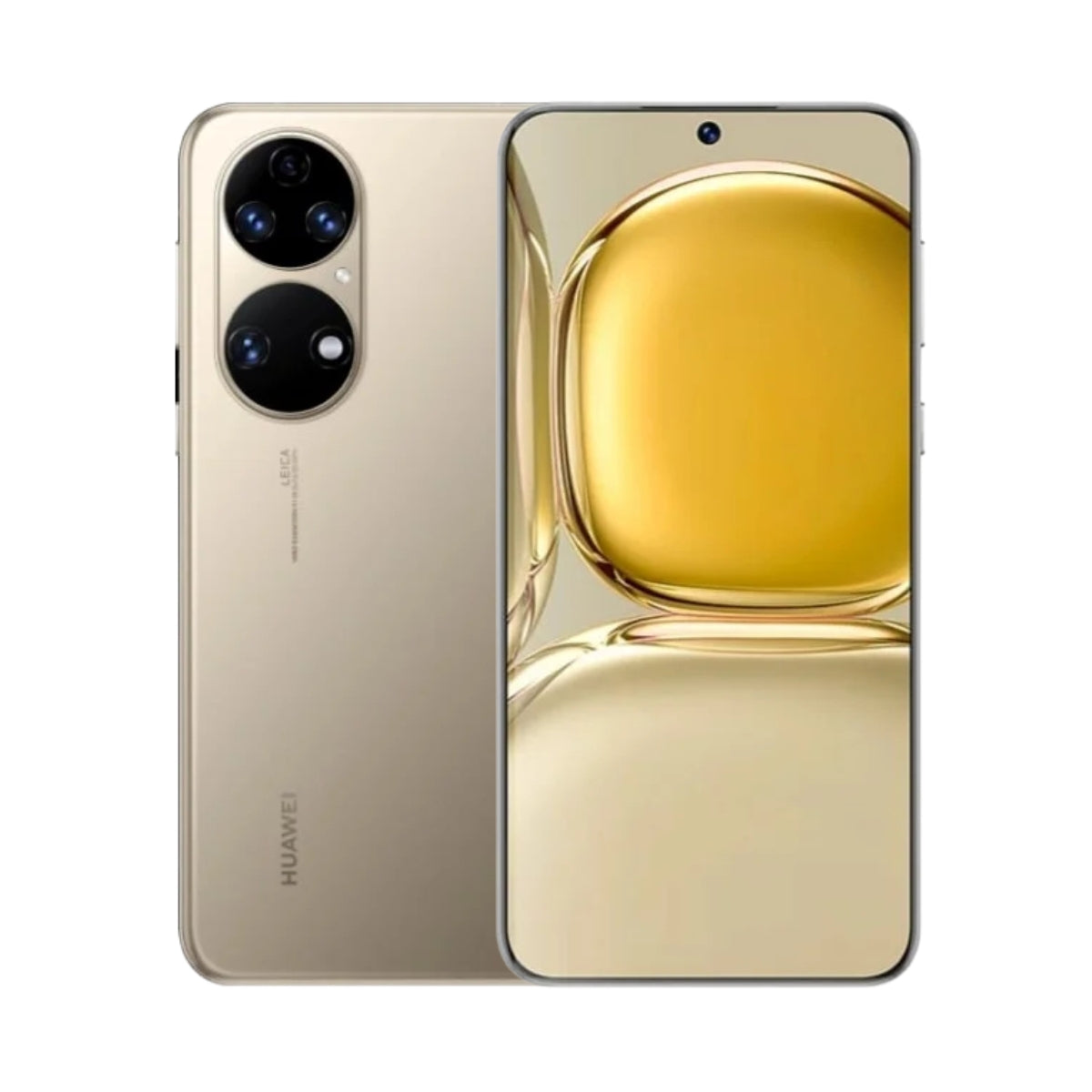 A gold Huawei P50 smartphone shown from both the back and front. The back features a vertical dual-camera cutout with Leica branding, and the front displays a gold abstract wallpaper.