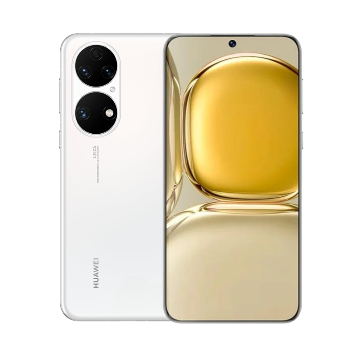 A white Huawei P50 smartphone shown from both the back and front. The back features a vertical dual-camera system with Leica branding, and the front displays a gold abstract wallpaper.