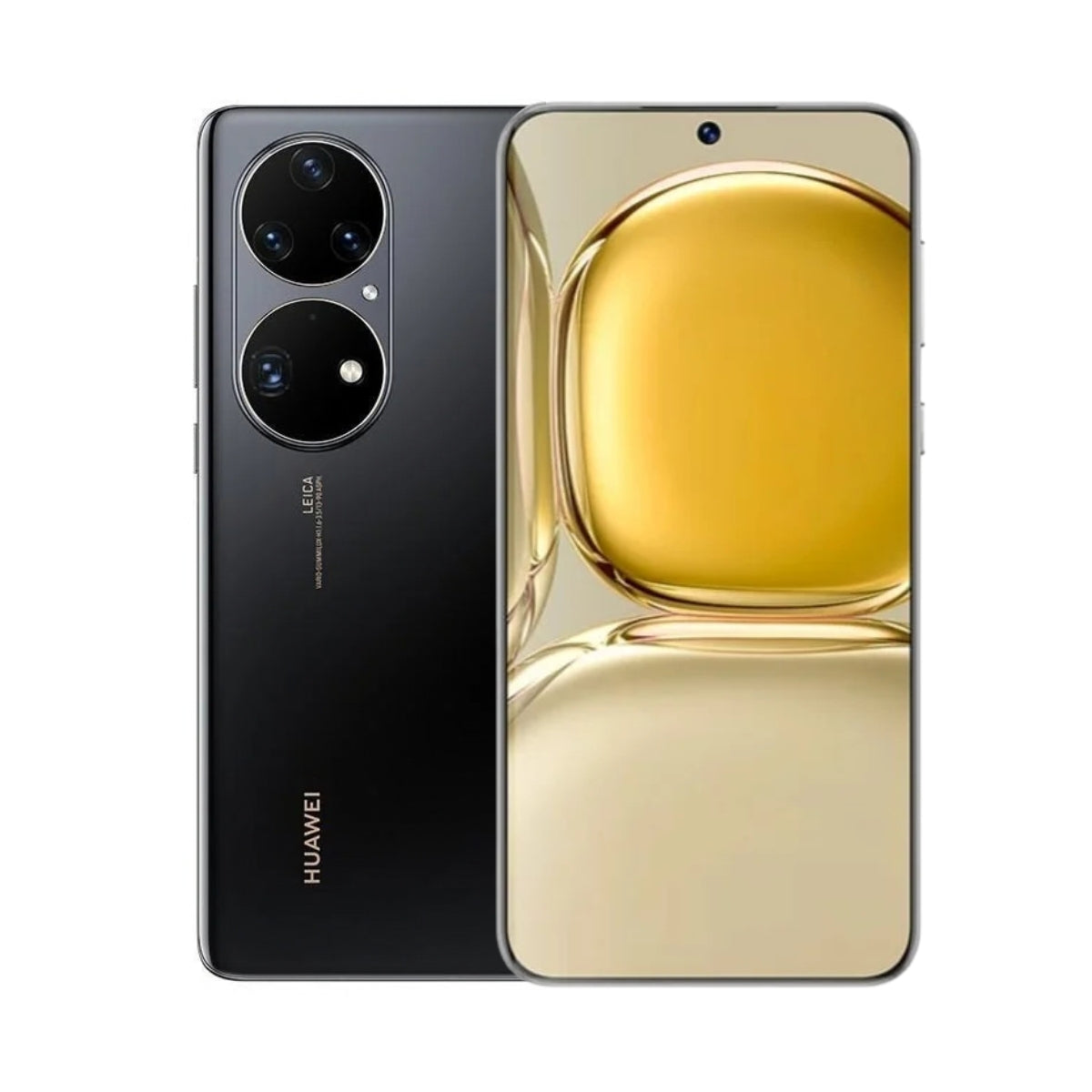 A Huawei P50 smartphone shown from the back and front on a clean white background. The back panel is dark gray/black with a large circular triple-camera cutout and the HUAWEI logo near the bottom.