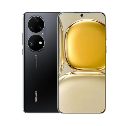 A Huawei P50 smartphone shown from the back and front on a clean white background. The back panel is dark gray/black with a large circular triple-camera cutout and the HUAWEI logo near the bottom.