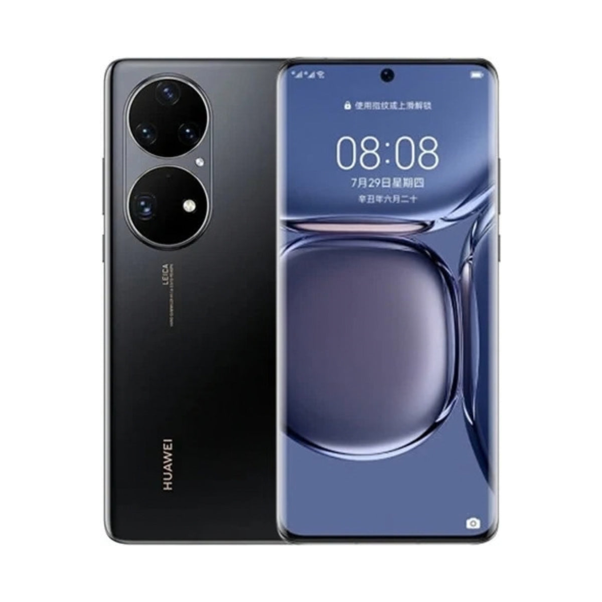 A black Huawei smartphone shown from both the back and front. The back features a dual-camera system in a large circular cutout and the HUAWEI logo near the bottom.
