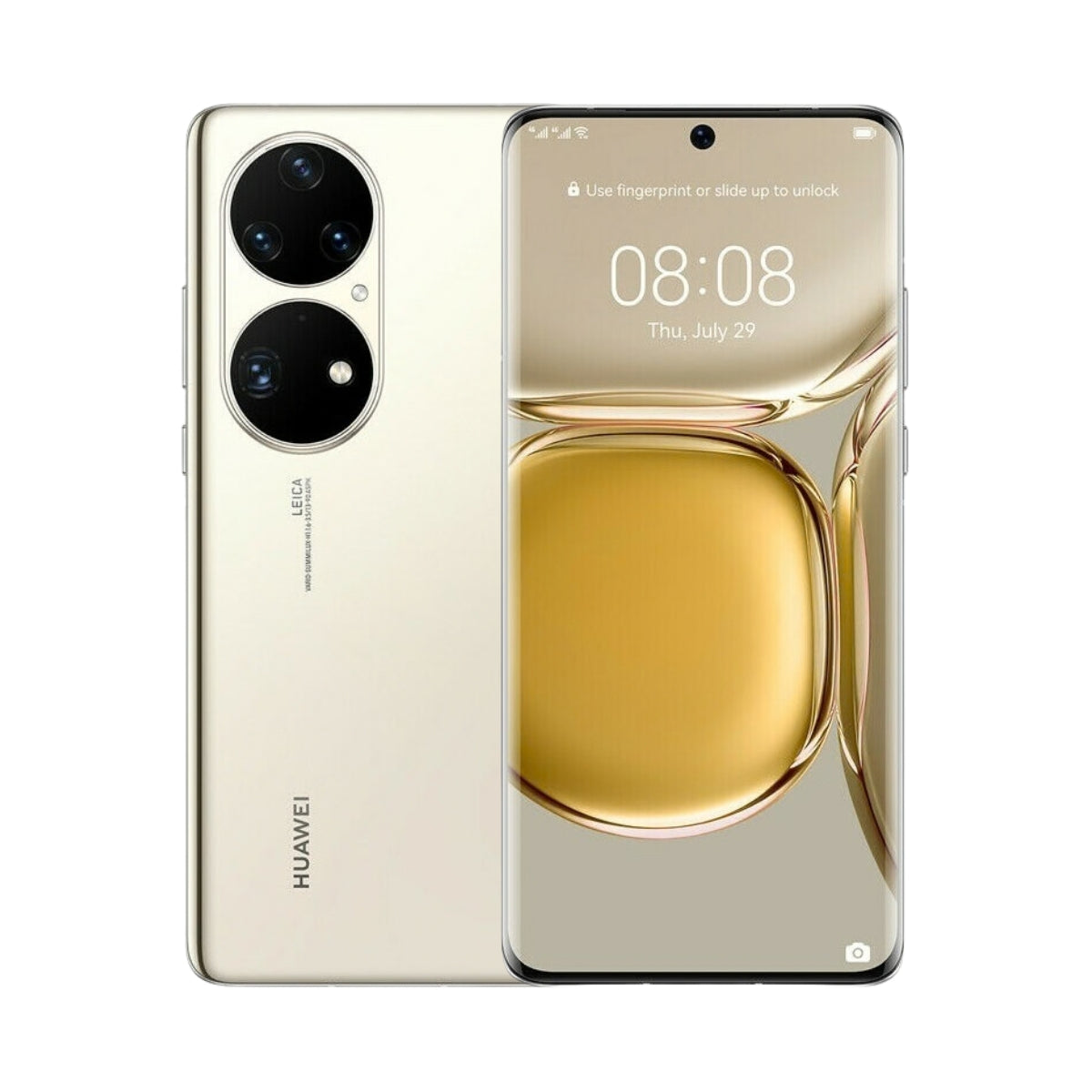 A gold Huawei smartphone shown from both the back and front. The back features a dual-camera system in a large circular cutout and the HUAWEI logo near the bottom.