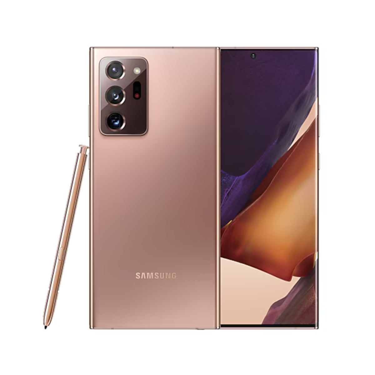 Samsung Note20 Ultra smartphone shown in a rose gold finish, with the back, front, and a separate stylus pen displayed on a clean white background.