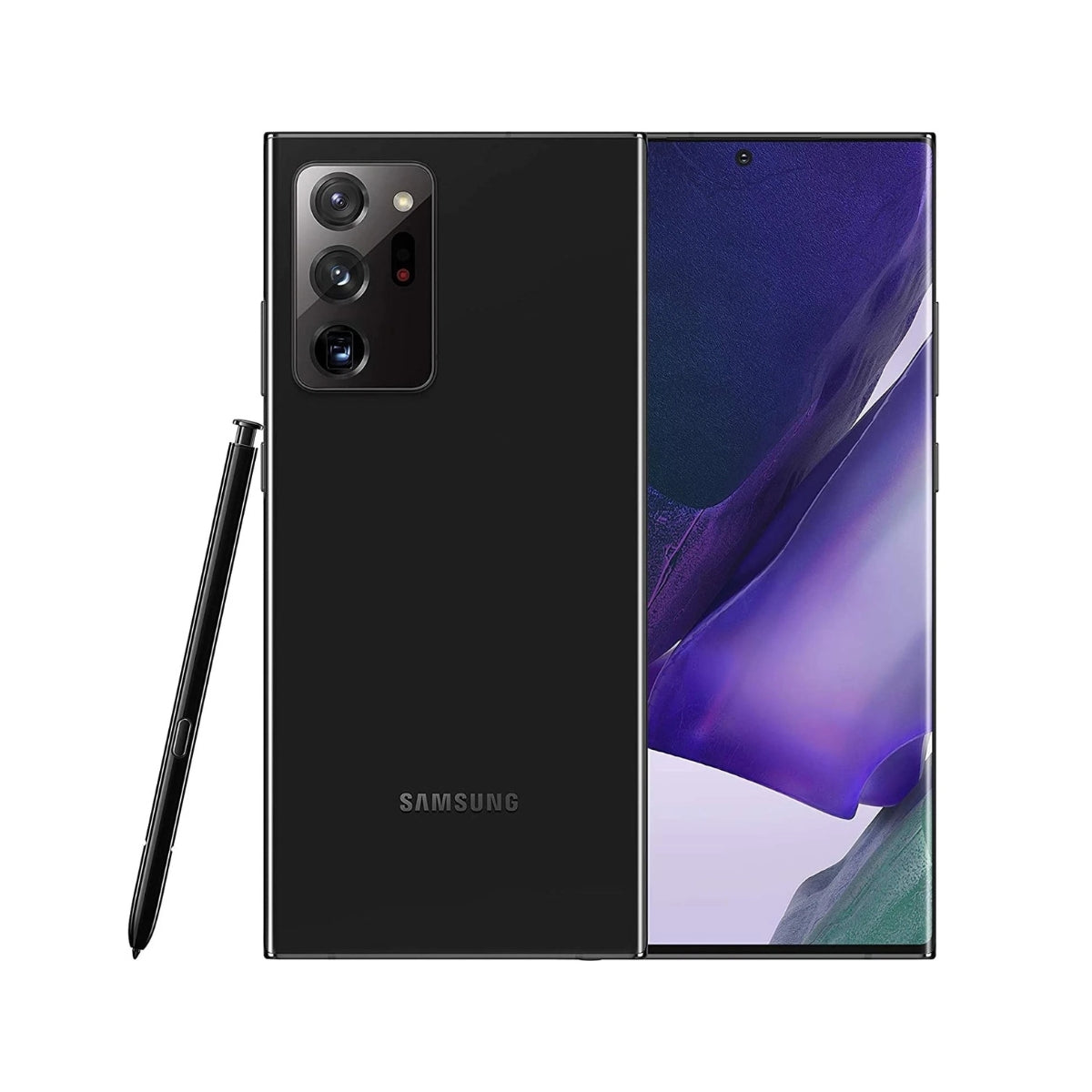 Samsung Note20 Ultra Ultra smartphone shown in three views: the back of the black device, the side profile with the S-Pen stylus, and the front display on, showing a purple and blue abstract wallpaper.