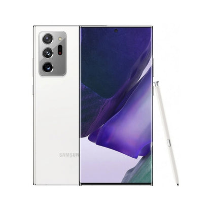 Samsung Note20 Ultra Ultra smartphone shown from the back and front, with a white finish, triple rear cameras, and a matching white stylus on a light gray background.