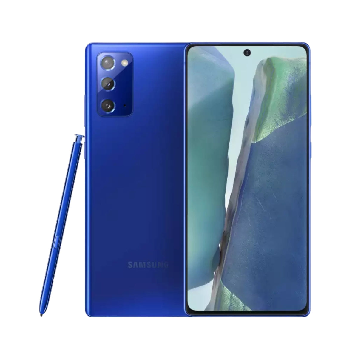 Samsung Galaxy Note20 smartphone in blue, shown from the back, front, and side. The phone features a triple-camera system on the back, a front-facing cutout with a small display hole, and a matching blue stylus pen shown to the left.