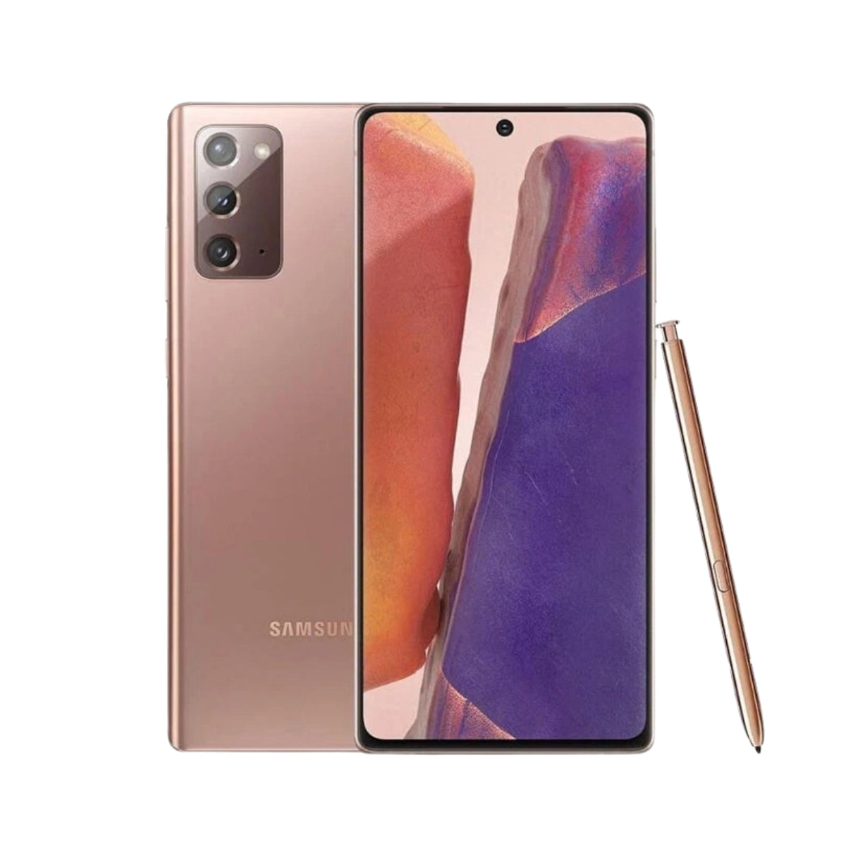Samsung Galaxy Note20 smartphone in bronze, shown from the back, front, and with the S-Pen stylus on a clean white background.