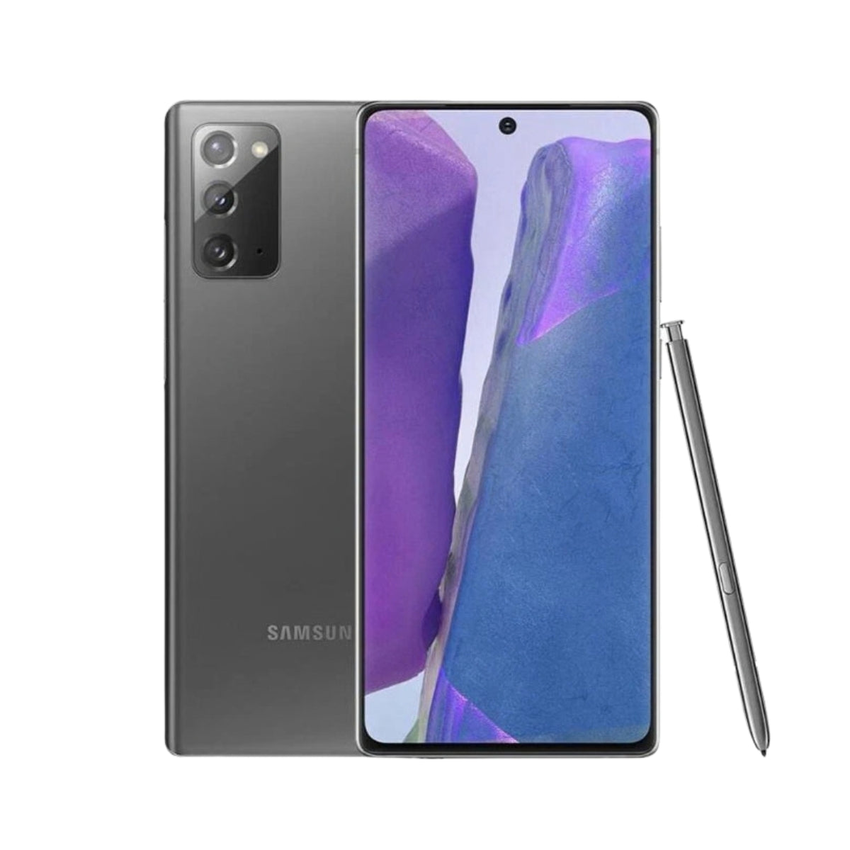 Samsung Galaxy Note20 smartphone shown from the back and front, with the S-Pen stylus beside it, on a plain white background.