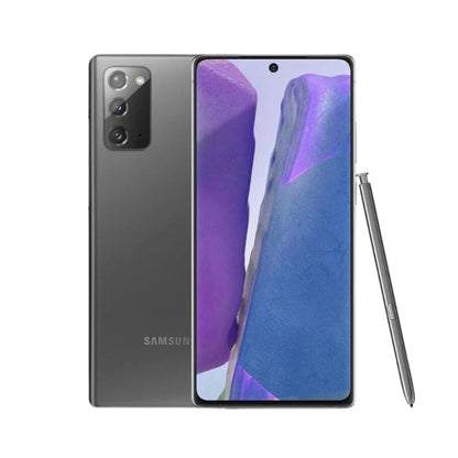 Samsung Galaxy Note20 smartphone shown from the back and front, with the S-Pen stylus beside it, on a plain white background.