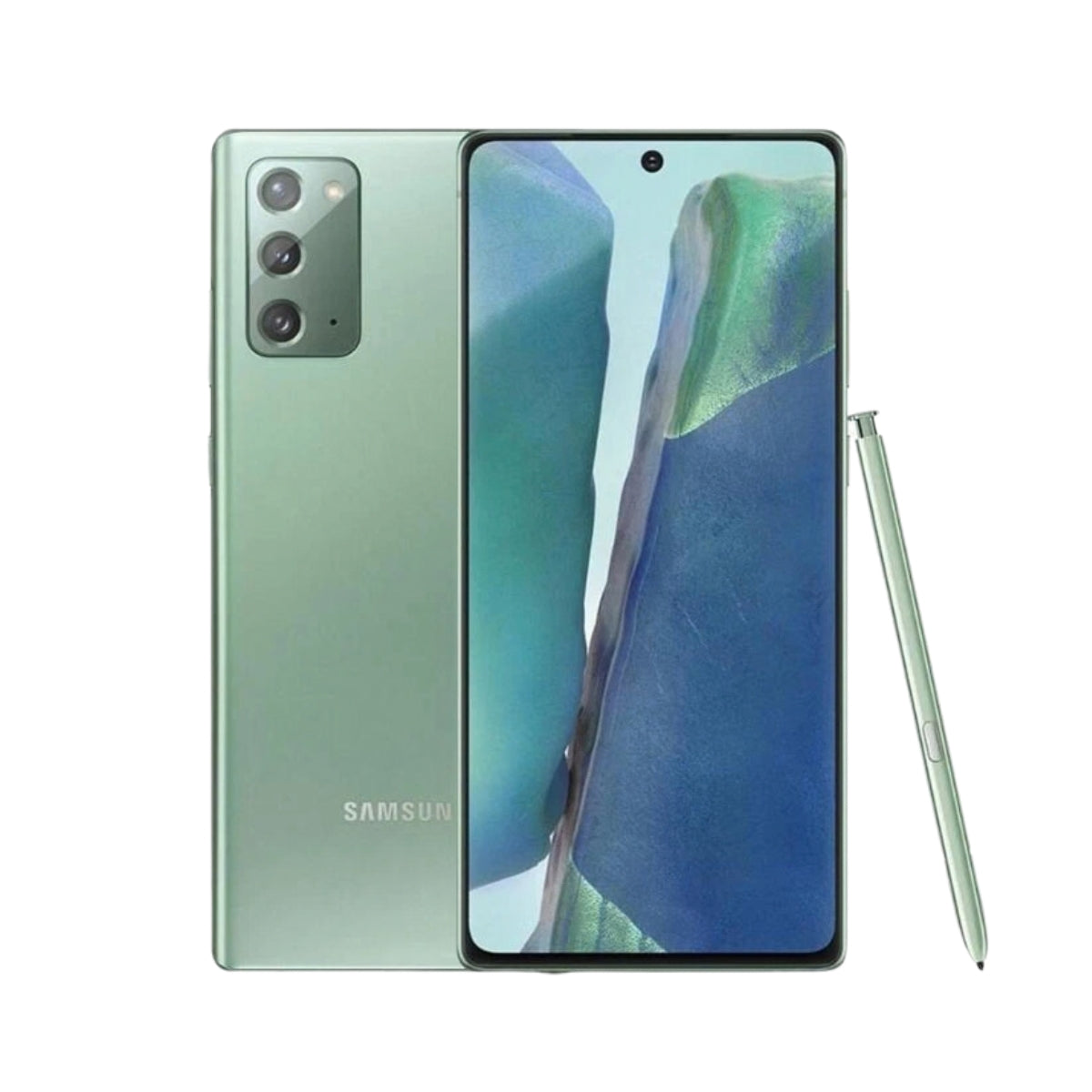 Samsung Galaxy Note20 smartphone in mint green, shown from the back and front with the S-Pen stylus on a clean white background.
