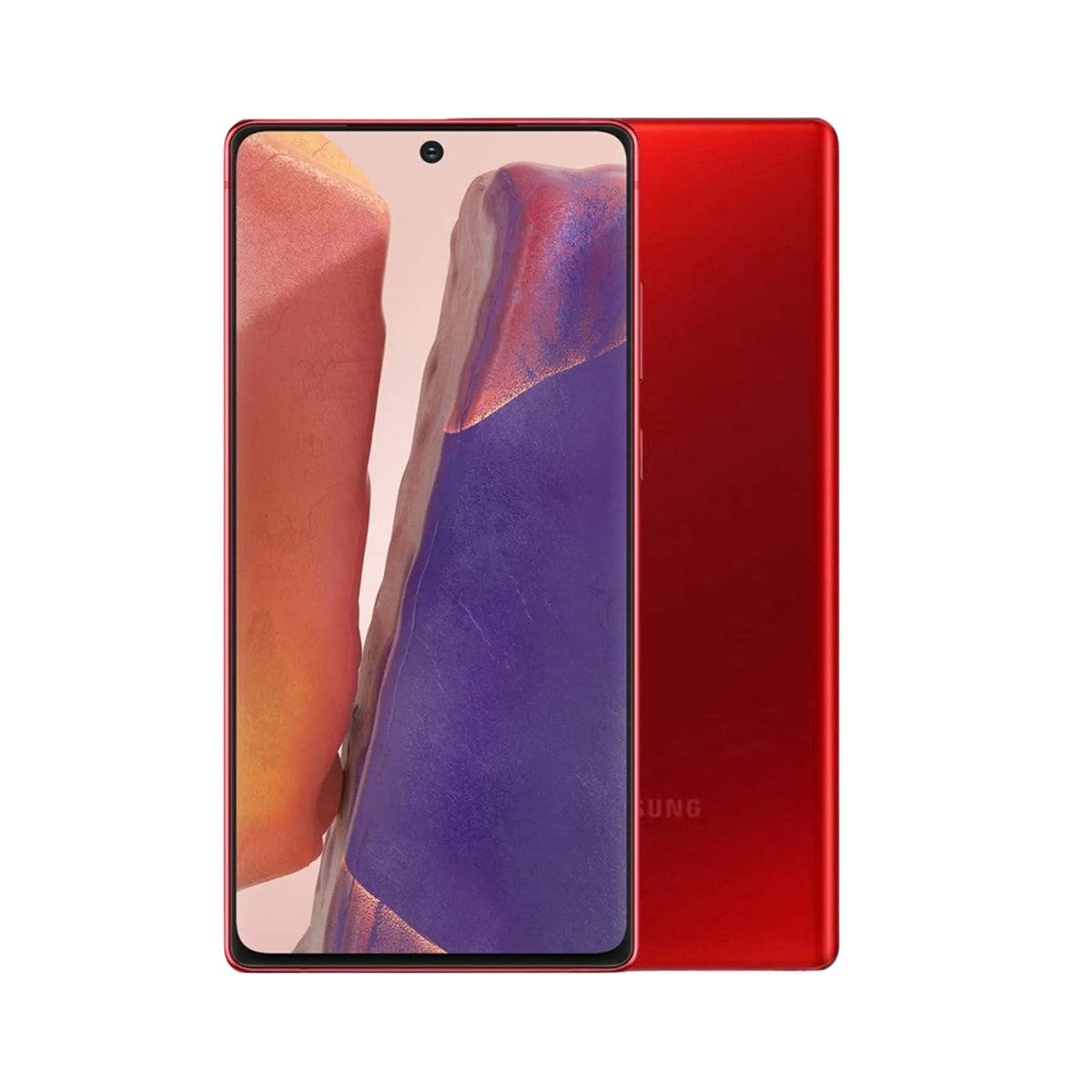 Samsung Galaxy Note20 smartphone shown from the front and back in a vibrant red color, featuring a large screen with a colorful abstract wallpaper and a small camera cutout at the top.