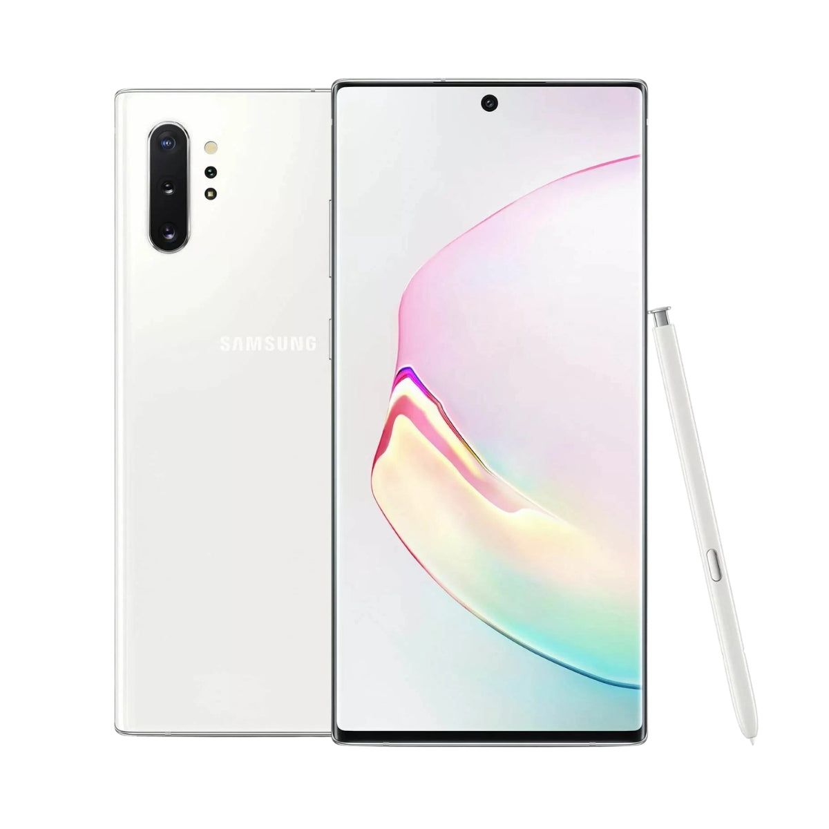 Samsung Galaxy Note10+ 5G smartphone shown from the back and front, with a white finish and a matching stylus on a clean white background.
