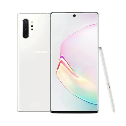 Samsung Galaxy Note10+ 5G smartphone shown from the back and front, with a white finish and a matching stylus on a clean white background.
