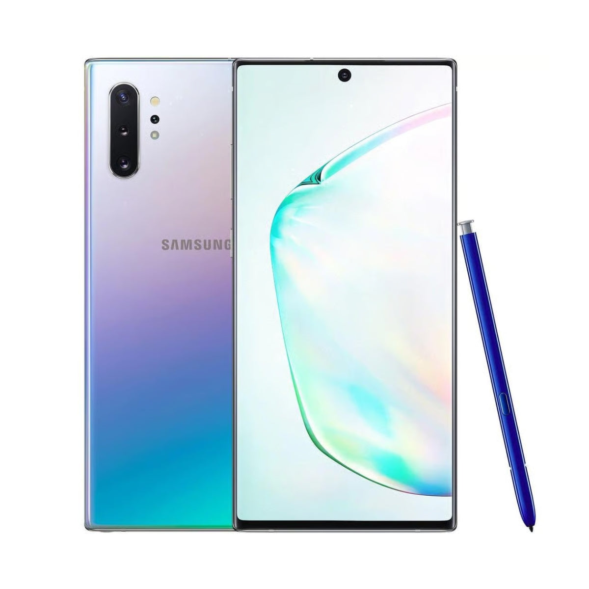 Samsung Galaxy Note10+ 5G smartphone shown from the back and front, with a blue S-Pen stylus beside it on a clean white background.