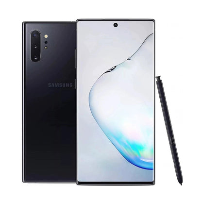 Samsung Galaxy Note10+ 5G smartphone shown from the back and front, with the S-Pen stylus beside it, on a plain white background.