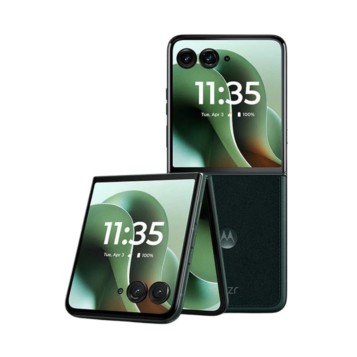 A Motorola RAZR 60 Ultra flip phone shown in three angles: open, closed, and partially open, displaying a green and black abstract wallpaper on a solid white background.