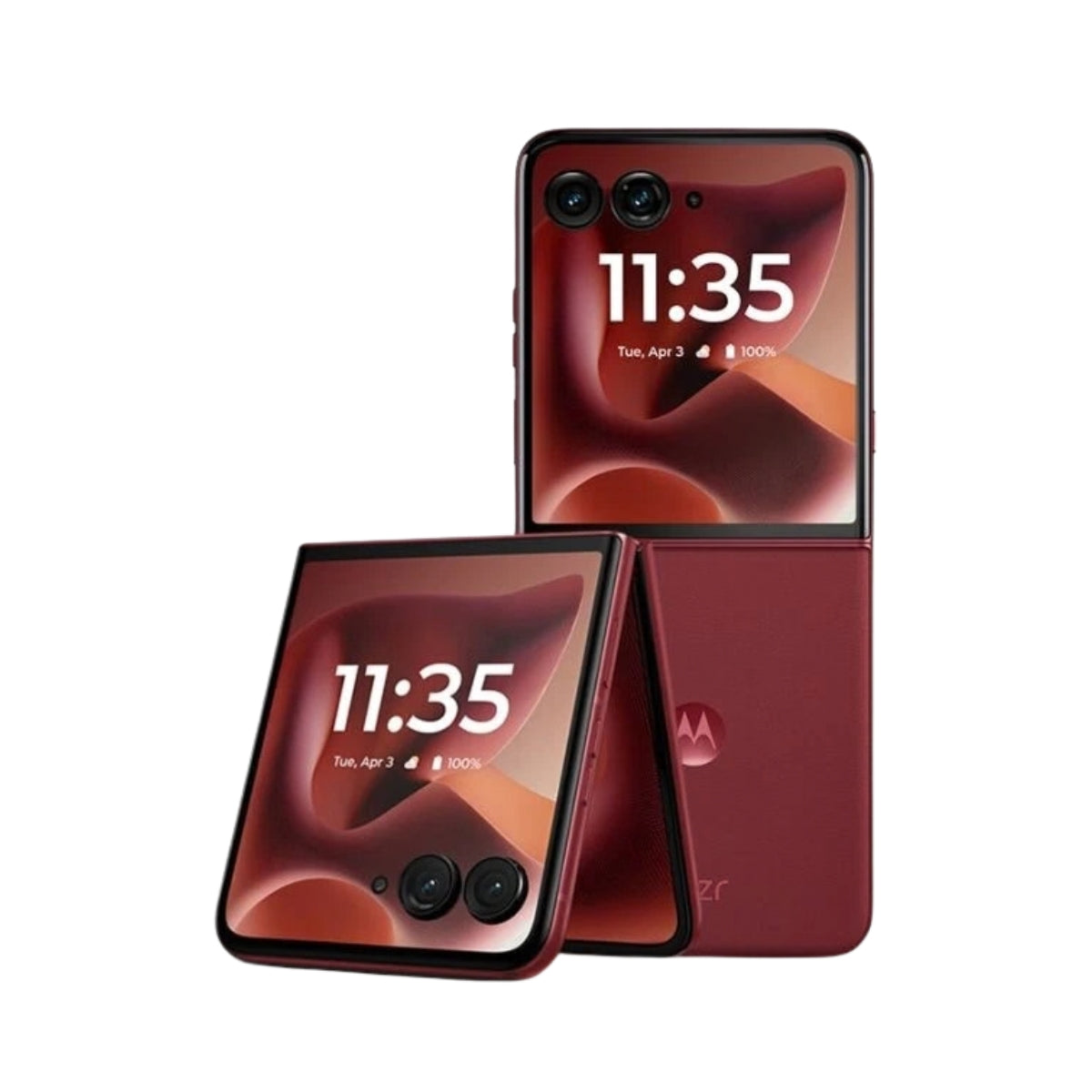 A Motorola RAZR 60 Ultra foldable smartphone shown in two views on a plain white background: one open to display the front screen and camera bar, and one closed showing the red back panel with a visible Motorola logo.