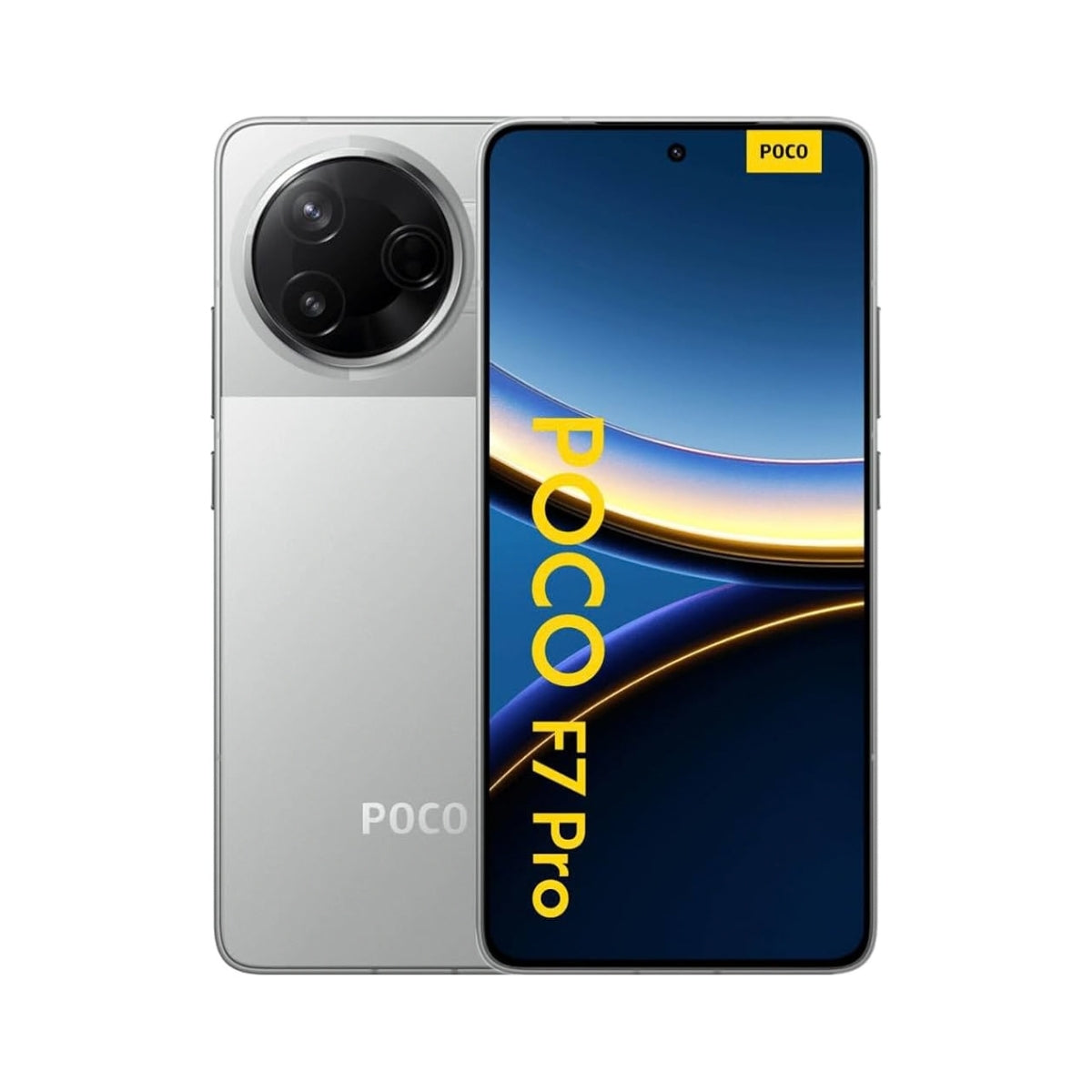 A silver POCO F7 Pro smartphone shown from both front and back, with a large circular triple-camera cutout on the rear and a colorful display on the front. The word 'POCO' is visible on the back, and 'POCO F7 Pro' appears vertically on the screen.