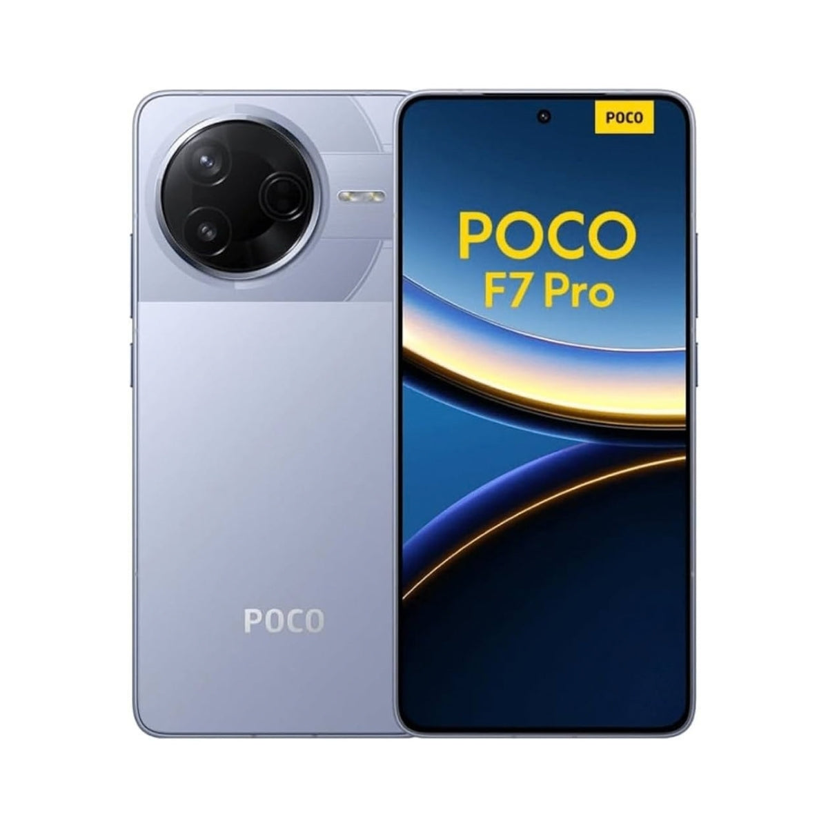 A POCO F7 Pro smartphone shown from both front and back. The back is a light periwinkle blue with a large circular triple-camera cutout and the POCO logo.