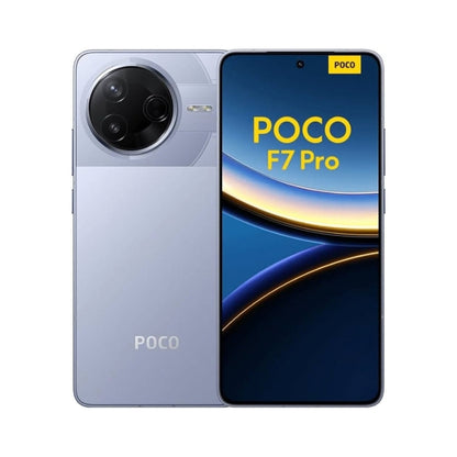A POCO F7 Pro smartphone shown from both front and back. The back is a light periwinkle blue with a large circular triple-camera cutout and the POCO logo.