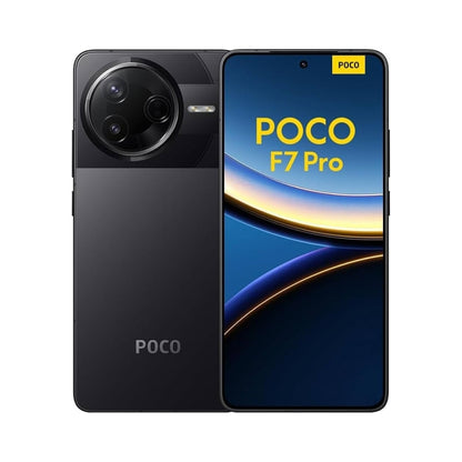 A POCO F7 Pro smartphone shown from both front and back. The back is matte black with a large circular triple-camera cutout, and the front display shows the POCO logo and a blue and gold abstract wallpaper.