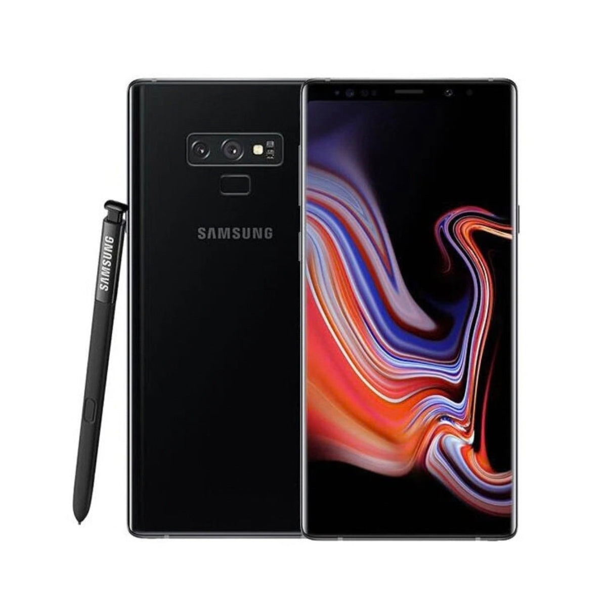 Samsung Galaxy Note 9 smartphone shown from the back and front on a white background, with the S-Pen stylus displayed to the left. The phone body is black, and the front screen displays a colorful abstract wallpaper.