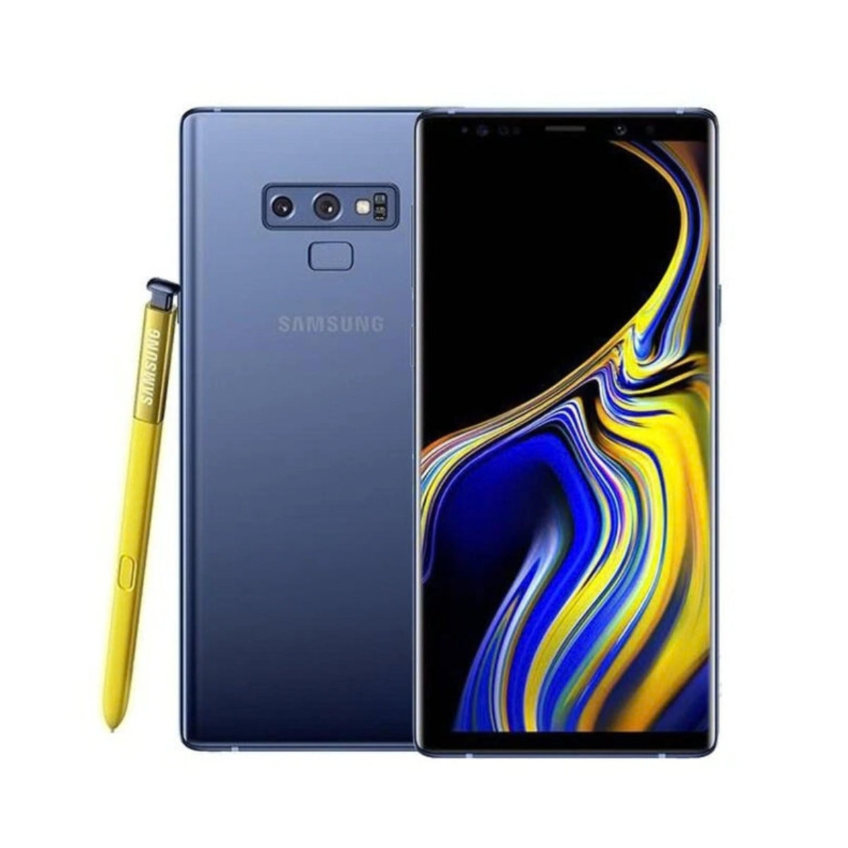 Samsung Galaxy Note 9 smartphone shown from the back and front, in a dark blue finish, with a yellow S-Pen stylus on a plain white background.