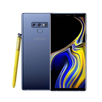 Samsung Galaxy Note 9 smartphone shown from the back and front, in a dark blue finish, with a yellow S-Pen stylus on a plain white background.