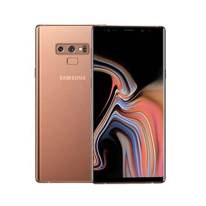 Samsung Galaxy Note 9 smartphone shown from the front and back in a metallic rose gold finish, with the screen turned on displaying a colorful abstract wallpaper.