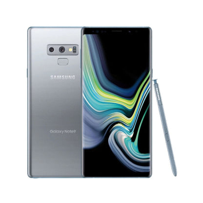 Samsung Galaxy Note 9 smartphone shown from the back and front, with a matching stylus pen on a clean white background.