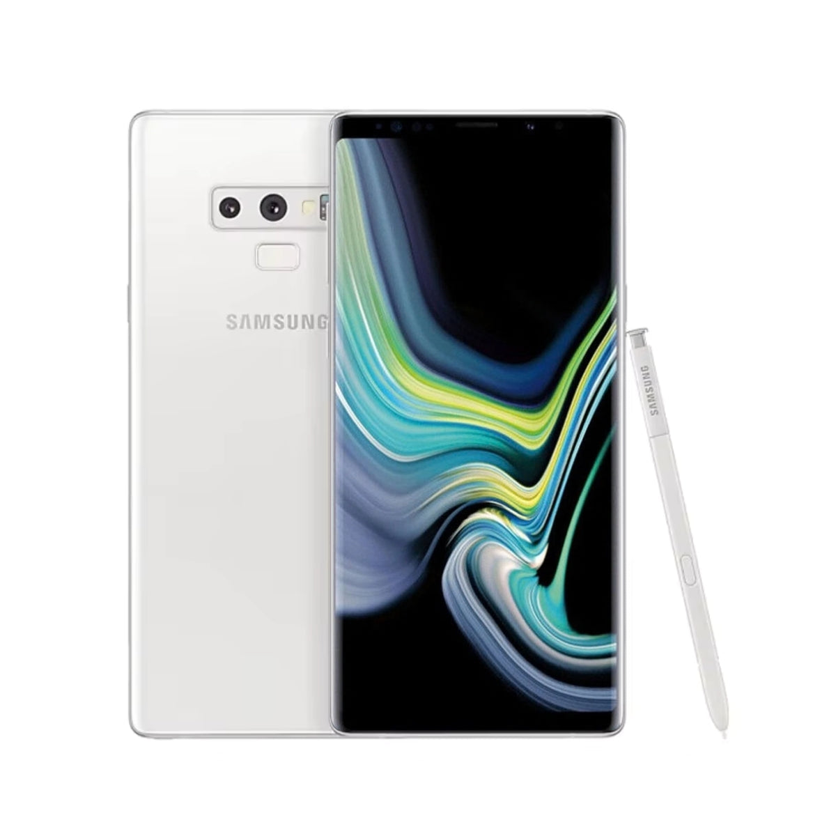 Samsung Galaxy Note 9 smartphone shown from the front and back in white, with the S-Pen stylus placed to the right on a clean white background.