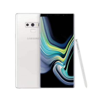 Samsung Galaxy Note 9 smartphone shown from the front and back in white, with the S-Pen stylus placed to the right on a clean white background.