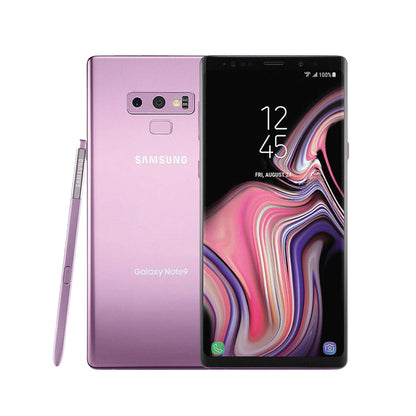 Samsung Galaxy Note 9 smartphone shown in a metallic lavender-purple color, displaying both the back and front views. The back features a dual-camera setup, a fingerprint sensor, and the Samsung logo.