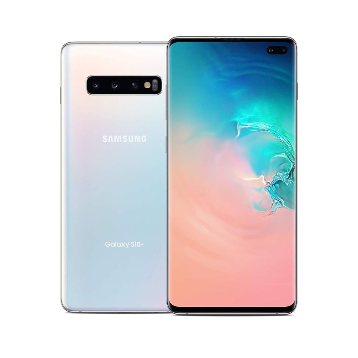 Samsung Galaxy S10+ smartphone shown from the front and back, featuring a pastel iridescent finish that shifts from pale blue to soft pink, with a colorful display on the front.
