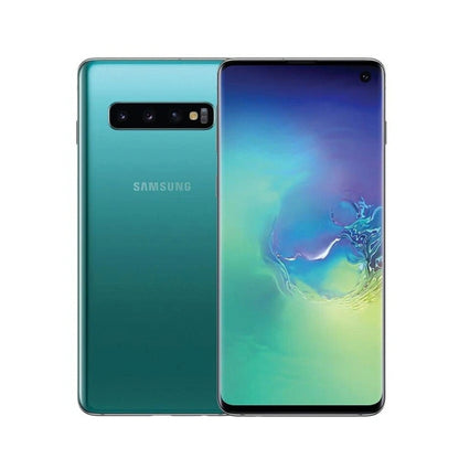 Samsung Galaxy S10+ smartphone shown from the back and front, featuring a teal-to-green gradient finish with a vertical camera bar and a colorful display on a white background.