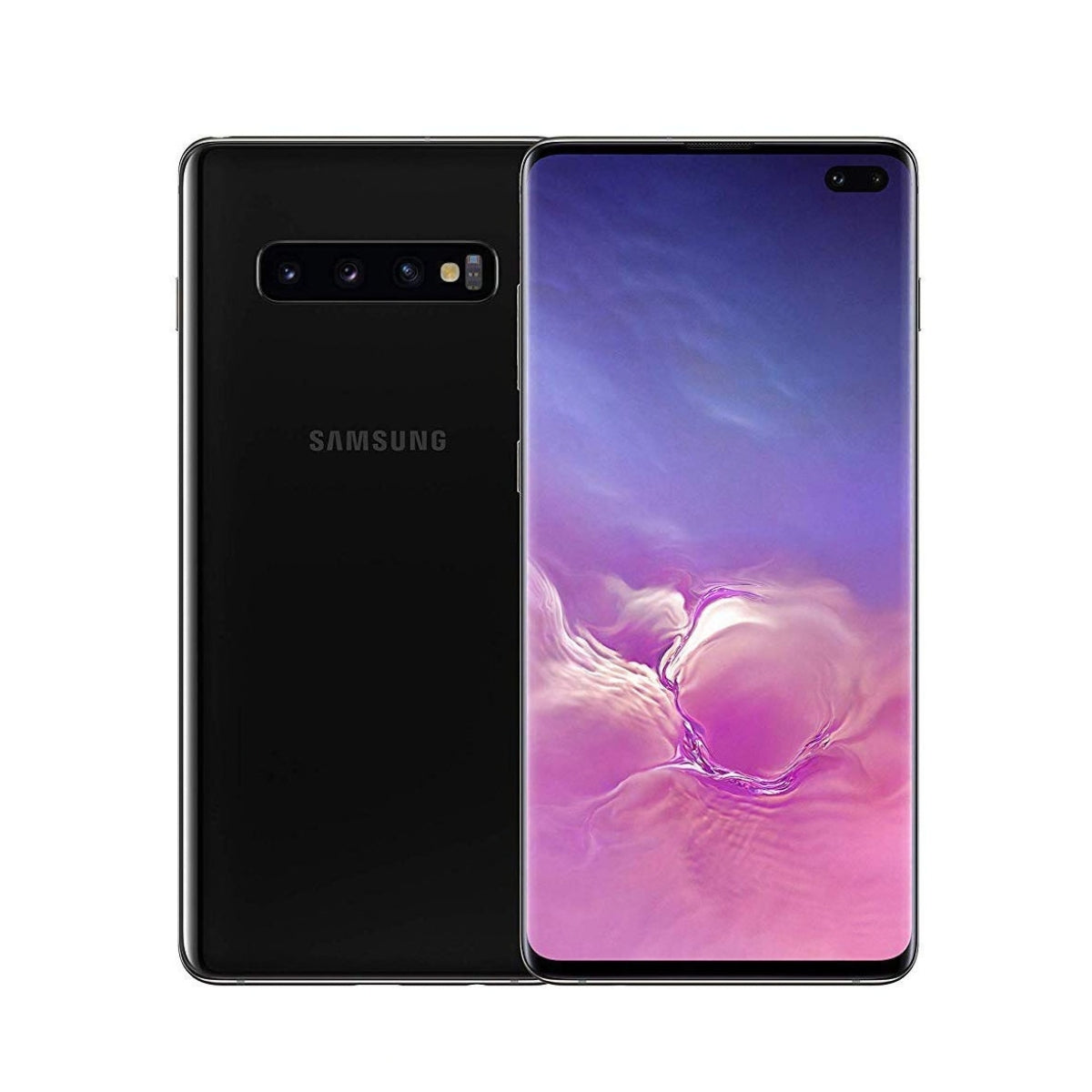 Samsung smartphone shown from the back and front on a plain white background. The back is glossy black with the SAMSUNG logo centered near the bottom, and the front display is on with a purple-to-pink abstract wallpaper.