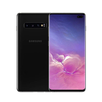 Samsung smartphone shown from the back and front on a plain white background. The back is glossy black with the SAMSUNG logo centered near the bottom, and the front display is on with a purple-to-pink abstract wallpaper.