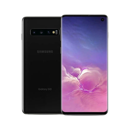 Samsung Galaxy S10 smartphone shown from the back and front on a plain white background. The back is glossy black with the SAMSUNG logo and 'Galaxy S10' text visible.