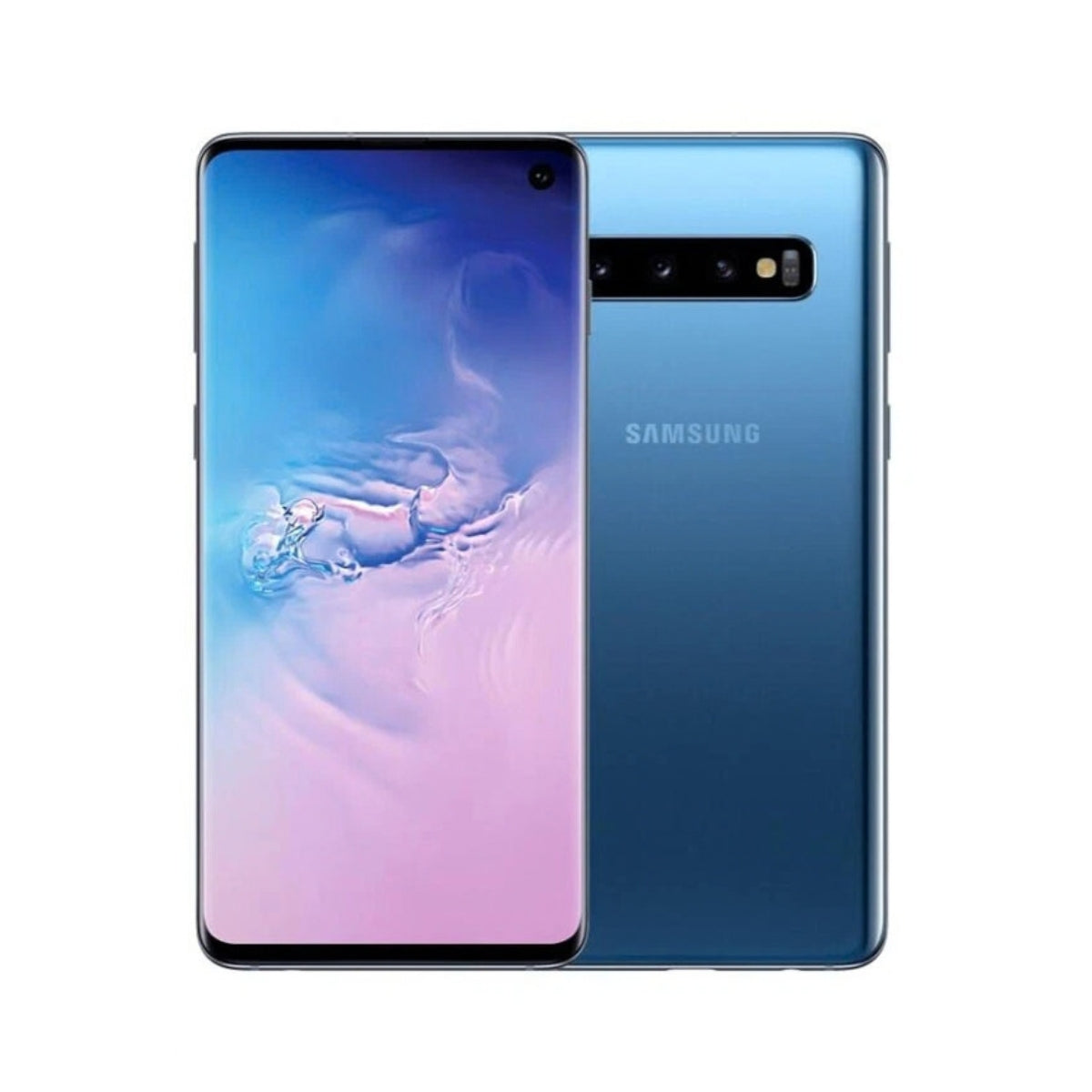 Samsung Galaxy S10 smartphone shown from the front and back, featuring a blue-to-purple gradient back panel and a colorful pink-to-blue wallpaper on the screen.