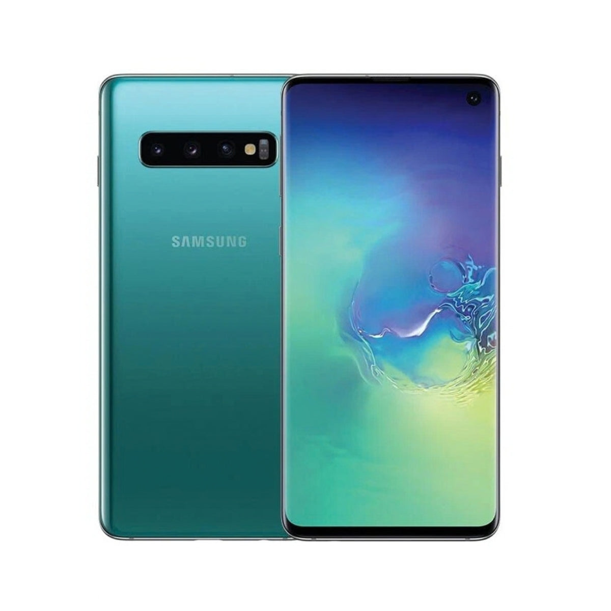 Samsung Galaxy S10 smartphone shown from the back and front on a plain white background. The phone has a teal-to-green gradient finish on the back, a vertical rear camera bar, and a front-facing punch-hole display with a colorful abstract wallpaper.